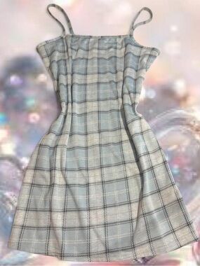 Plaid Spaghetti-Strap Mini Dress in Light Blue and White